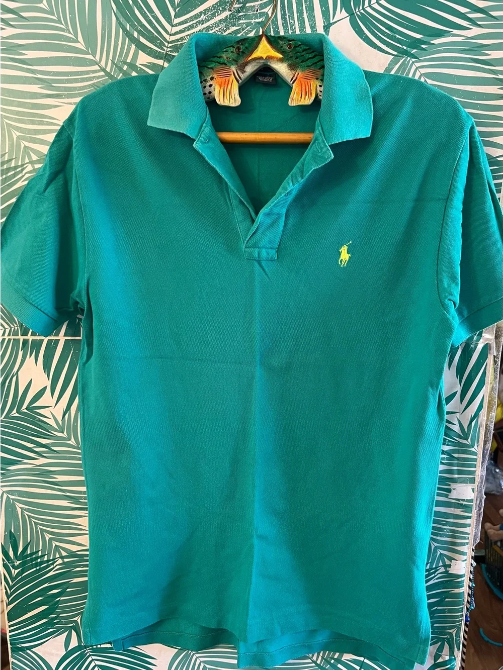 Vintage Ralph Lauren Teal Polo w/ Yellow Pony Logo Sz S 100% cotton preppy